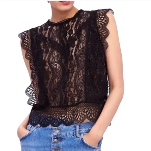 Zara Women's Size S Sleeveless Top Black Lace Guipure Crochet Goth - Picture 1 of 4